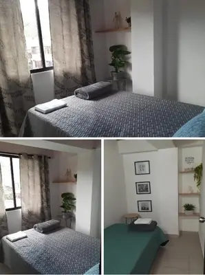 two pictures of a bedroom with a bed and a window at Apartamento en Itagüí in Itagüí