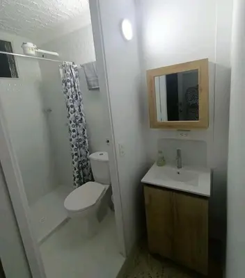 a bathroom with a toilet and a sink and a mirror at Acogedor Loft con Balcones para 2H Belén Rosales apt 201 in Medellín