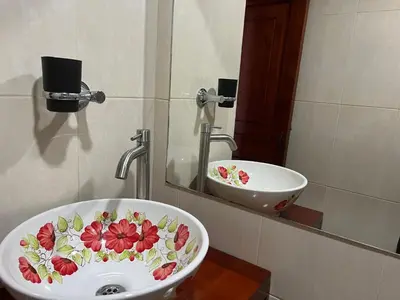a bathroom sink with a flower painted on it at En la Zona Rosa, a una cuadra del Parque in Urrao