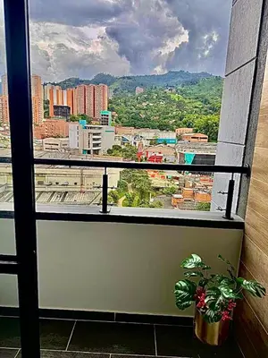 a view of a city from a window with a plant at Apartamento Premium Sabaneta in Sabaneta