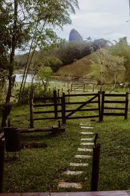 a stone path in a field with a fence at Refugio Selvatico in Guatapé