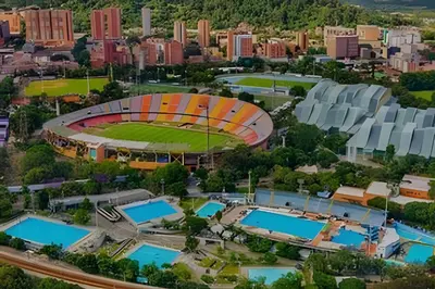 an aerial view of a baseball stadium with a city at 81 Living by Simple Stay in Medellín