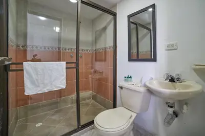 a bathroom with a toilet and a sink and a shower at Farum Hotels in Medellín