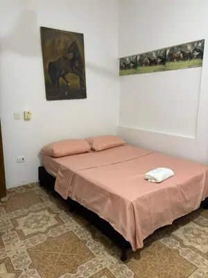 a bed in a room with a picture of a horse on the wall at Casa santorini in Puerto Triunfo
