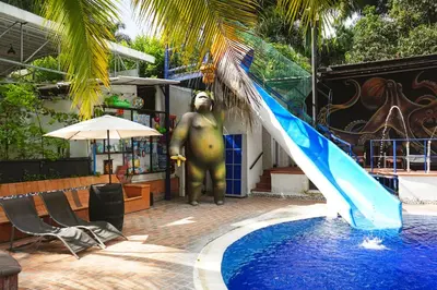 a man in a gorilla costume standing next to a pool at Eco Hotel El Acuario in San Jerónimo