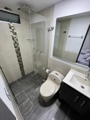 a bathroom with a toilet and a sink and a shower at Hotel Casa Florida 70 Medellin in Medellín