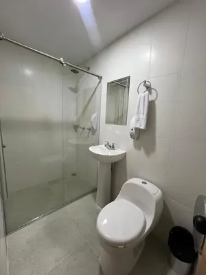 a bathroom with a shower and a toilet and a sink at BISÁU Hotel in Ruiosucio