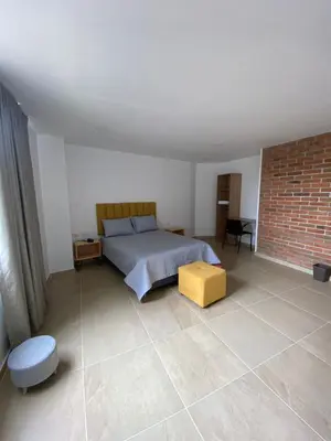 a bedroom with a bed and a brick wall at BISÁU Hotel in Ruiosucio