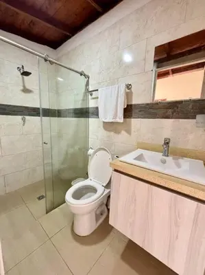 a bathroom with a toilet and a shower and a sink at Casa colonial - Jacuzzi - cerca al parque principal - lundry - Tv in Santa Fe de Antioquia