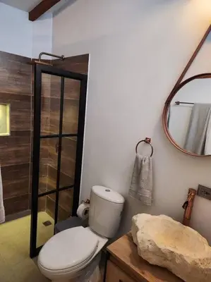a bathroom with a toilet and a mirror at Apartaestudio en El Poblado in Medellín