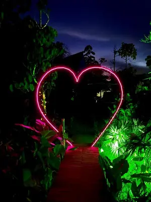 a heart lighted up in a garden at night at Cabaña in Sopetran
