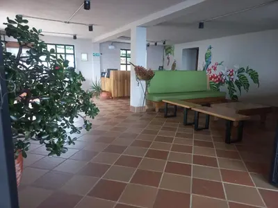 a room with a green couch and potted plants at Hotel Monteverde Campestre in Concordia