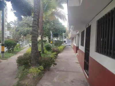 a sidewalk next to a building with a palm tree at Apartaestudio la 70, estadio in Medellín