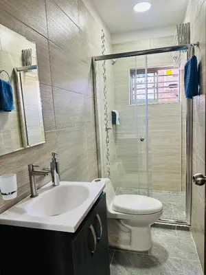 a bathroom with a toilet and a sink and a shower at Apartamento Central La Candelaria Medellín in Medellín