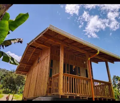 a man standing in the window of a wooden house at Cabañas Lucerito Colibrí in Jardin