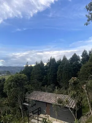 a small house in the middle of a forest at Cabañas Tahamí con jacuzzi cerca al Aeropuerto in Guarne