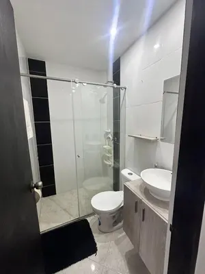 a bathroom with a shower and a toilet and a sink at Habitación en apto duplex baño compartido, piso 5 sin ascensor in Envigado