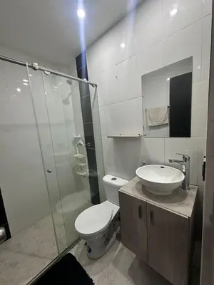 a bathroom with a toilet and a sink and a shower at Habitación en apto duplex baño compartido, piso 5 sin ascensor in Envigado