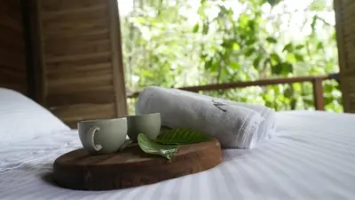 a couple of cups on a wooden tray on a bed at Montés Samaná in San Carlos