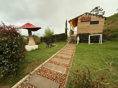 a garden with a walkway and a field with a mushroom at Tierra Escondida Glamping in Barbosa