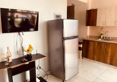 a kitchen with a refrigerator and a tv on the wall at Mejor alojamiento cerca Provenza 191 in Medellín