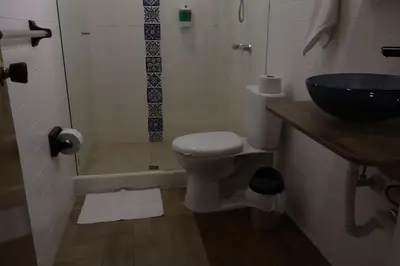 a bathroom with a toilet and a sink and a shower at Living Poblado Manila 301 E Habitación Doble in Medellín