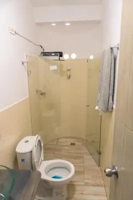 a bathroom with a toilet and a glass shower at Cabaña333 in Guatapé