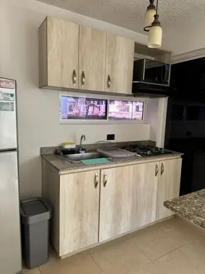 a kitchen with wooden cabinets and a sink and a refrigerator at Apartasol Ciudadela SantaFe de Antioquia in Santa Fe de Antioquia