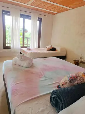 two beds in a room with two windows at Bosque Místico in San Carlos