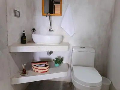a bathroom with a sink and a toilet at Bosque Místico in San Carlos