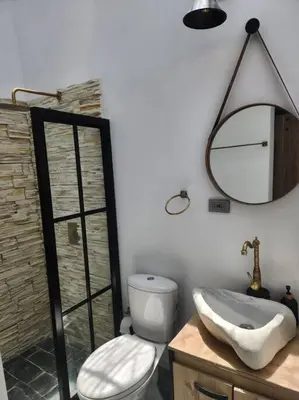 a bathroom with a toilet and a mirror at Acogedor apartaloft El Poblado in Medellín