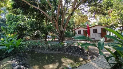 a garden with a tree and a house at Finca Hotel La Estancia Santa Fe in Santa Fe de Antioquia
