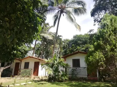 a house with palm trees in front of it at Finca Hotel La Estancia Santa Fe in Santa Fe de Antioquia