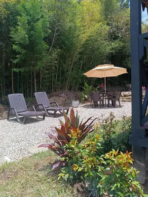 a patio with chairs and a table with an umbrella at Cabaña Momotus II in Concepción