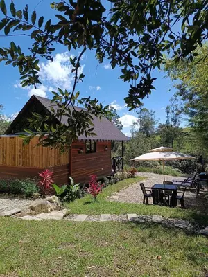 a wooden cabin with a table and an umbrella at Cabaña Momotus II in Concepción