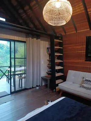 a living room with a couch and a chandelier at Cabaña Momotus II in Concepción
