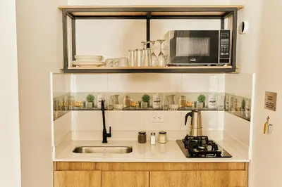 a kitchen with a sink and a microwave at Apartahotel Castellana in América