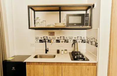 a kitchen with a sink and a microwave at Apartahotel Castellana in América