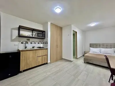 a bedroom with a bed and a sink in it at Apartahotel Castellana in América