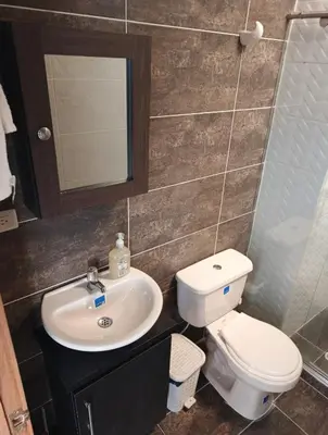a bathroom with a sink and a toilet and a mirror at Comodas y agradables Habitaciones en Chipre in Manizales