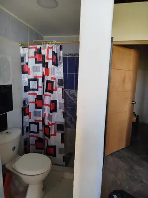 a bathroom with a toilet and a shower curtain at Finca el Eden in San Luis