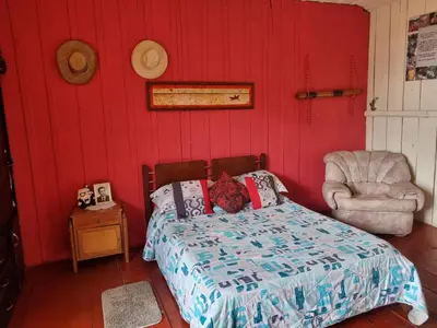 a bedroom with a red wall with a bed and a chair at Finca La Carolina in Palocabildo