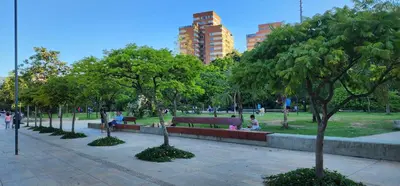 a park with trees and people sitting on benches at Casa de las Palmas 1 in Medellín