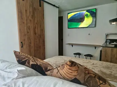 a bedroom with a bed and a tv on the wall at Casa de las Palmas 2 in Guayaquil