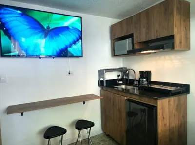 a kitchen with a blue butterfly on the wall at Casa de las Palmas 2 in Guayaquil