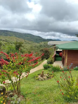 a garden with red flowers and a house with a view at Finca AVALON Alejandria Antioquia in Alejandría