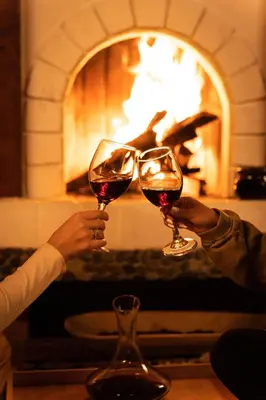 two people holding wine glasses in front of a fireplace at LasNubes EcolodgeNubes Ecolodge in Santa Elena