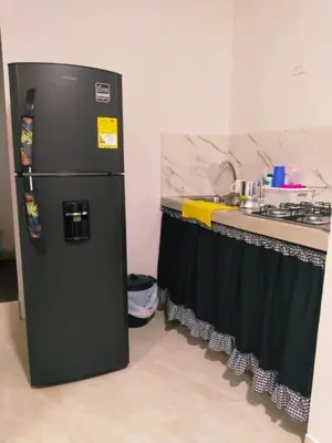a black refrigerator in a kitchen next to a counter at Apartamento Capri 1 in Puerto Triunfo