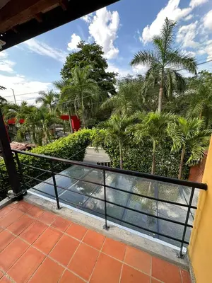 a balcony with a view of palm trees at Cabaña ciudadela del sol in San Jerónimo