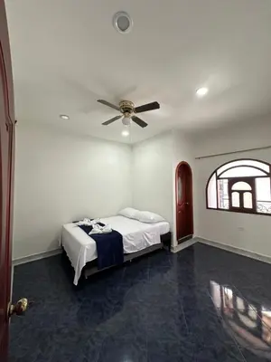 a bedroom with a bed with a ceiling fan at Casa grande parque central in San Rafael